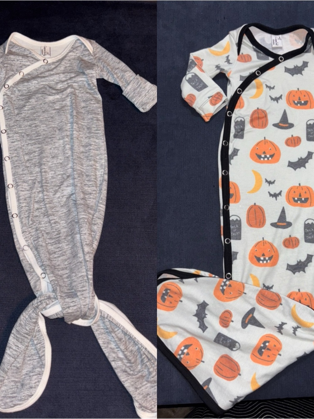 Copper pearl newborn Grey Heather and Halloween Pumpkin baby knot tie gowns